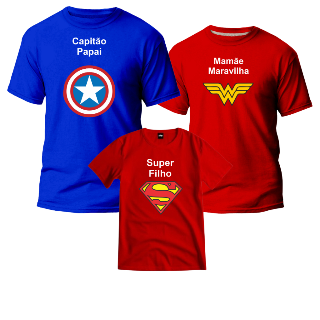 Kit Montável Família Camisetas Adulto e Infantil Capitão Papai Mamãe Maravilha e Super Filho