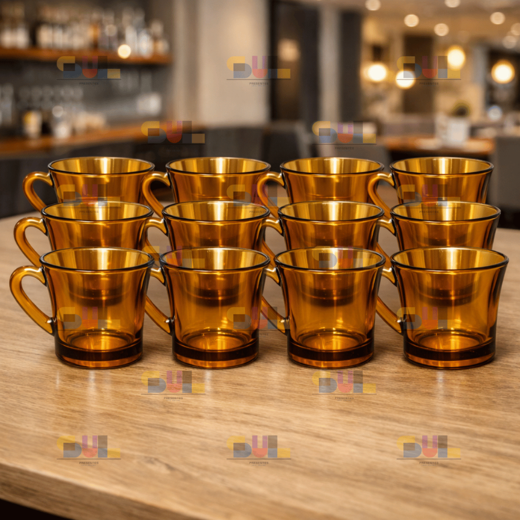 Jogo de Xicara 12 Peças Xicaras 200ml SINO AMBAR Escura Marrom Vidro Chá Café Conjunto Louças Retro
