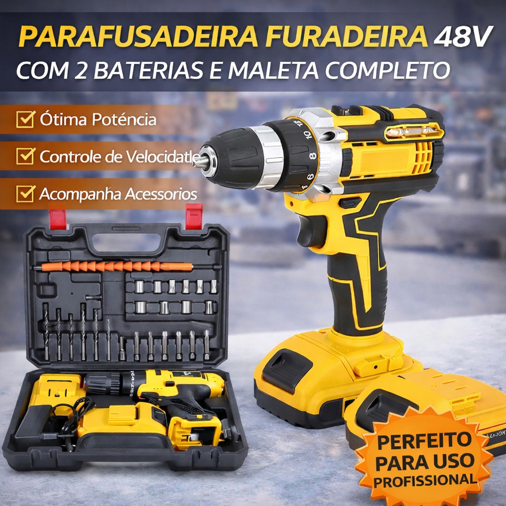 Parafusadeira Furadeira 48V 2 Baterias Com Maleta e Acessórios Completo