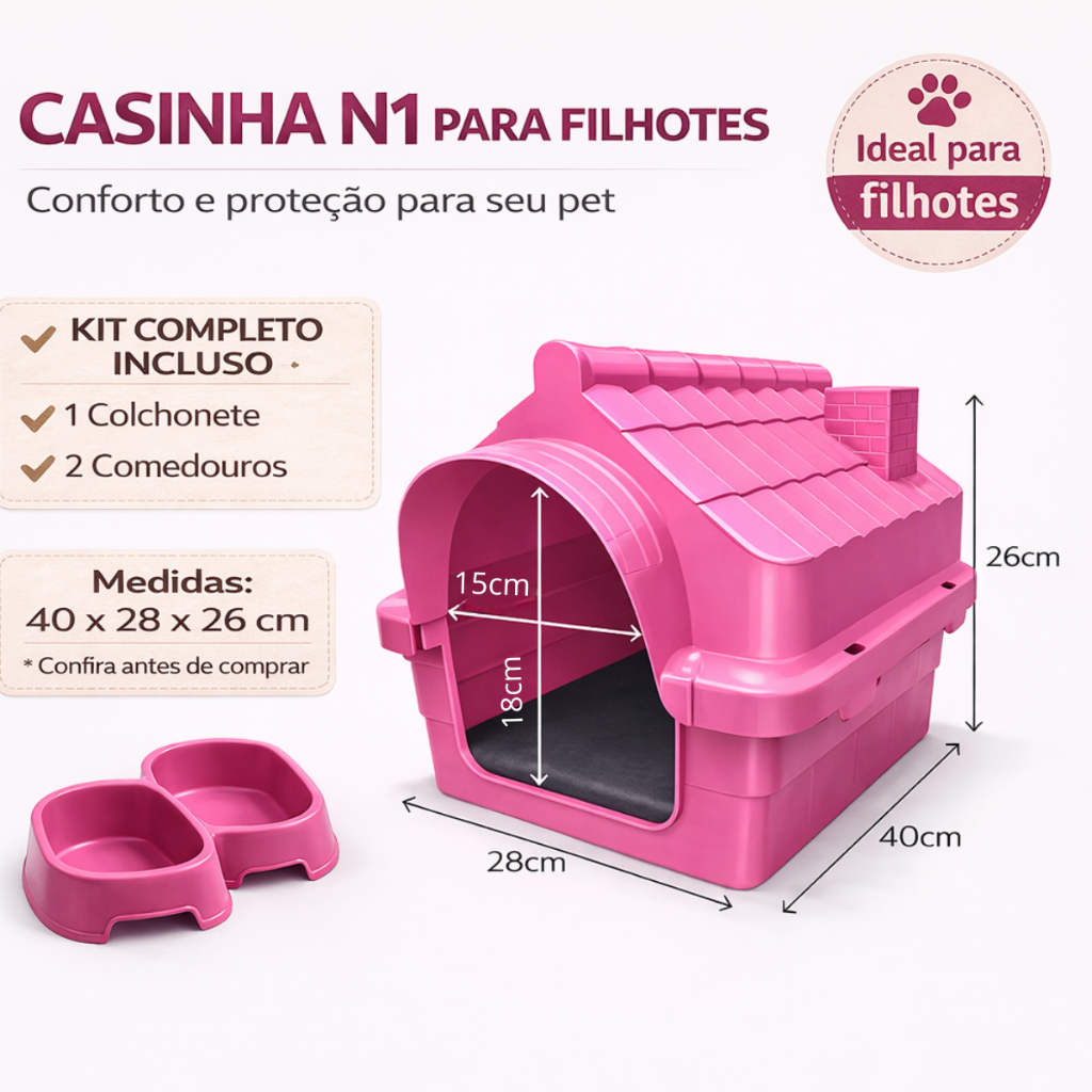 Kit Casinha+ Colchonete+ 2Comedouros Cachorro Filhote Pequeno N1 Casa Pet Com Proteção Raios UV