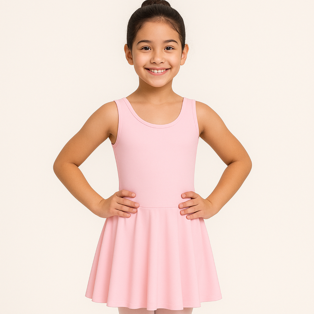 Conjunto collant body Regata com saia fixa (embutida) Ballet Bale Dança Baby Class Jazz - Rosa e Preto - Tam 2 a 16
