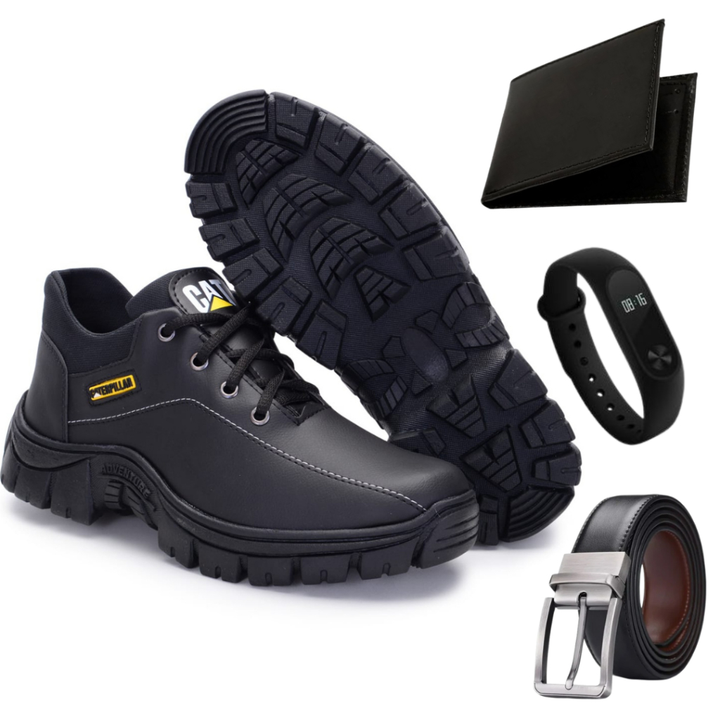Tenis Caterpillar Masculino Em Couro + Cinto + Carteira + Relógio