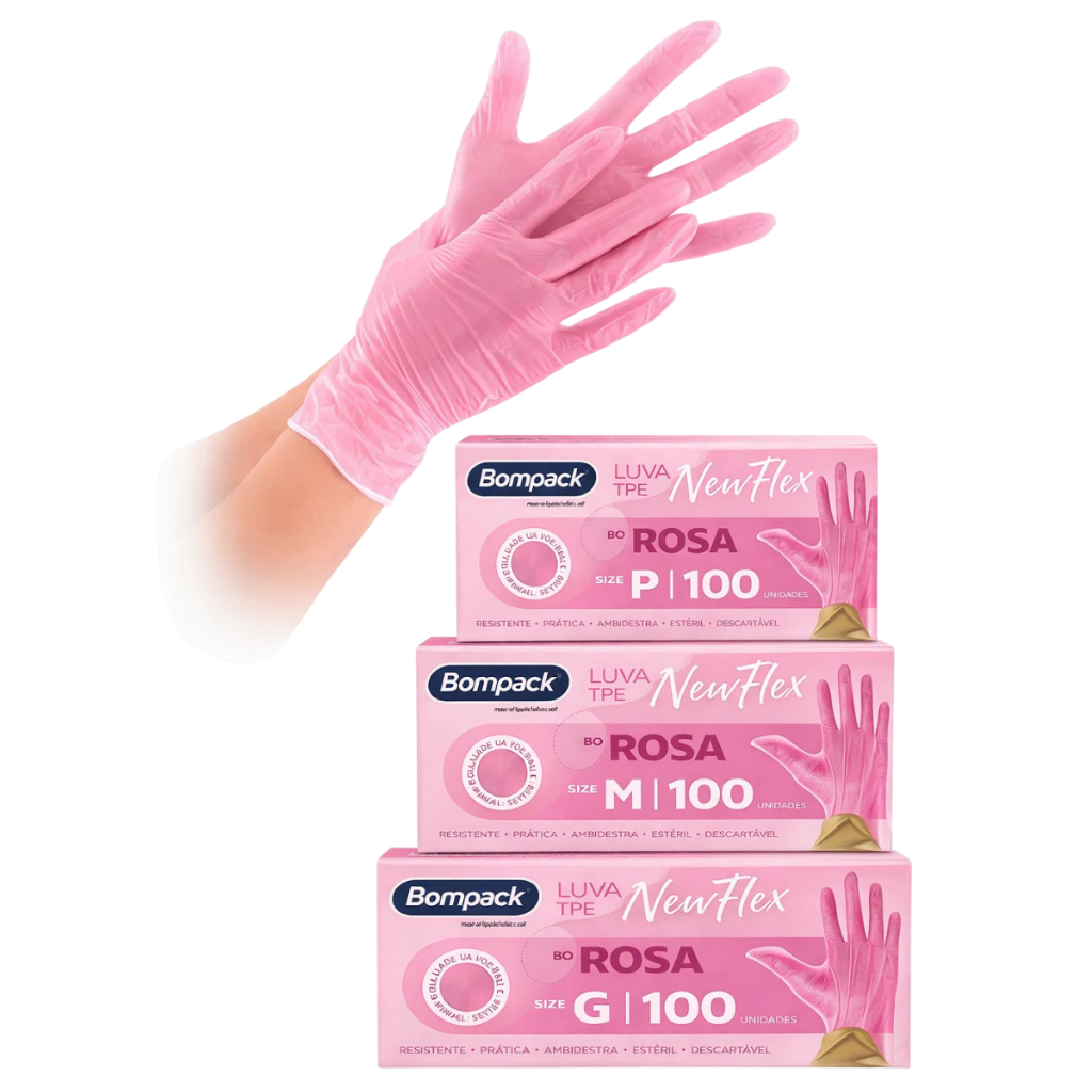 LUVA ROSA DESCARTÁVEIS VINILFLEX SEM PÓ BOMPACK - C/100 ENVIO IMEDIATO