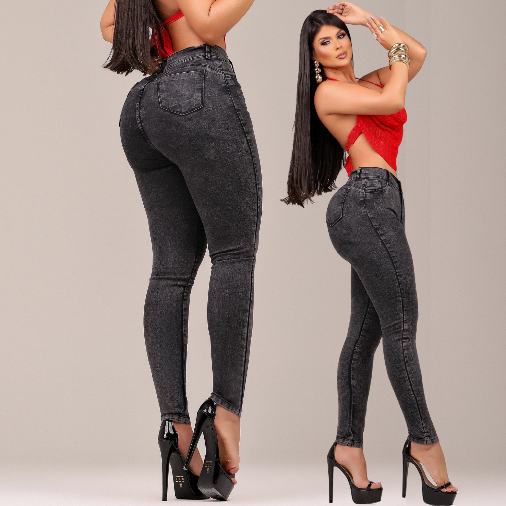 Calça Jeans Grafite Skinny Feminina com Lycra Cintura Alta Modelagem Empina Confortável