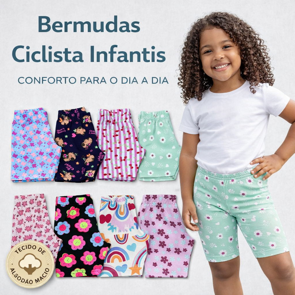 KIT SHORTS INFANTIL COTTON MENINA, BERMUDA CICLISTA  - TAMANHOS 1 AO 12