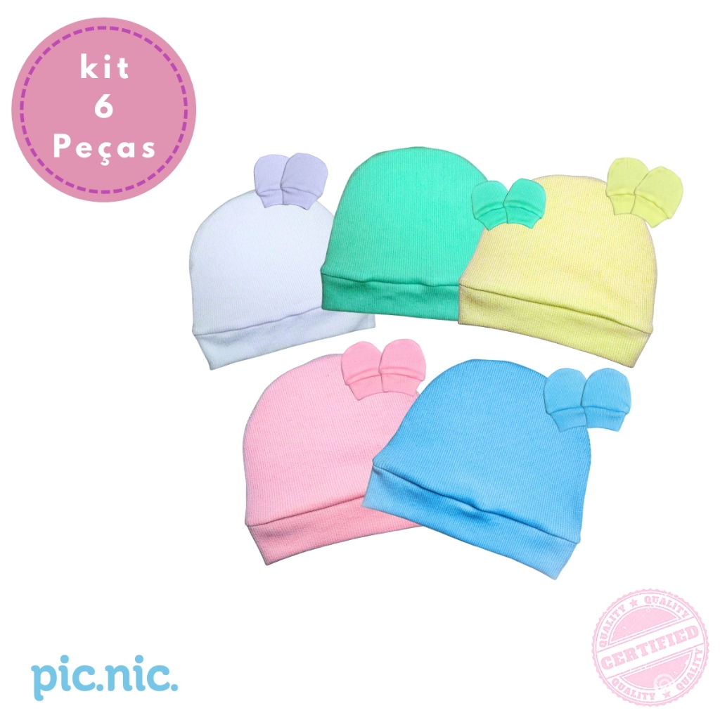Kit 3 Toucas + 3 Pares de Luvinhas Para Bebê Recém Nascido Menino Menina Tecido Algodão Antialérgico