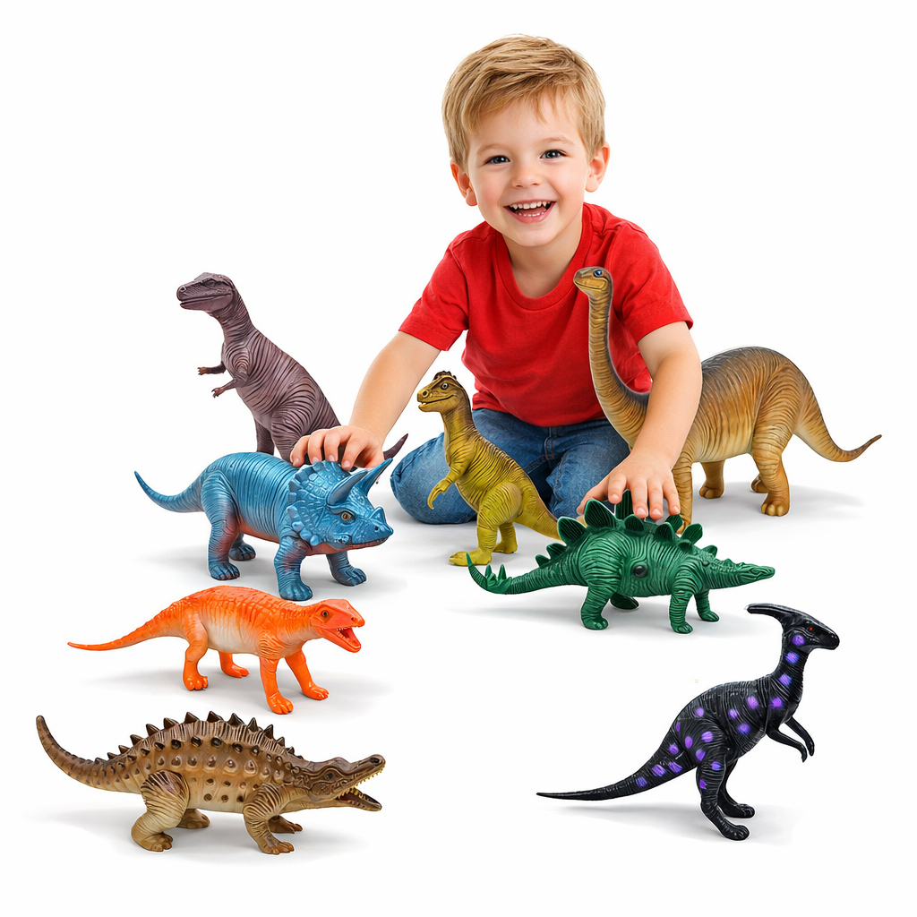 Kit 8 Dinossauros de Borracha Grande Brinquedo Infantil Presente Educativo Coleção Completa Crianças