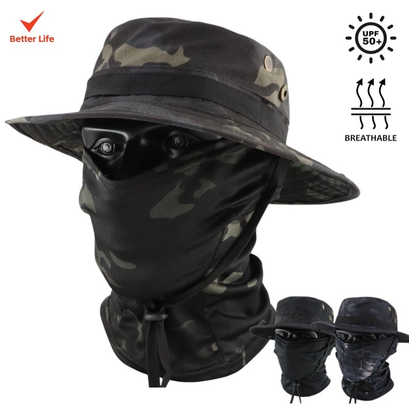 Chapéu Boonie Camuflado com Máscara Facial Balaclava para Proteção UV - Ideal para Pesca-BT