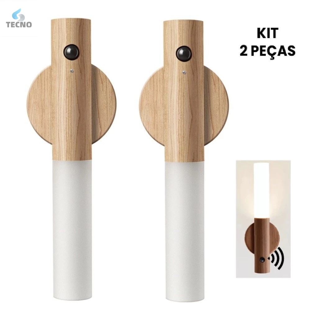 KIT 2 Luminaria Luz Led Recarregável Sensor de Movimento Arandela de Madeira Minimalista Para Mesa Parede TECNO