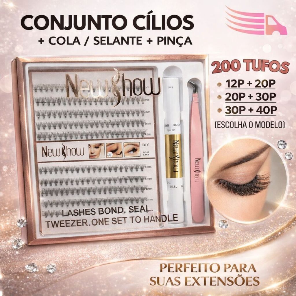 Kit Completo Cílios Postiços DIY MIX 9 -14mm Cola e Selante e Pinça 12p+20p/20p+30p/30p+40p Extensão