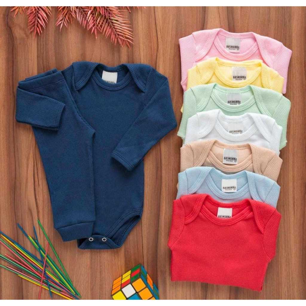 Kit 6 Peças Bebê Pagão Canelado Longo 100% Algodão 3 Body 3 Calças cores Sortidas