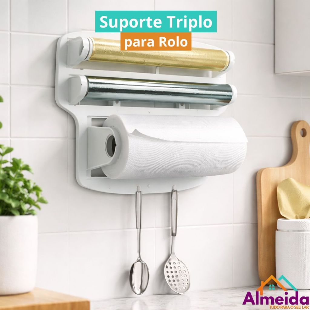 Suporte Triplo parede Rolos Porta Papel Toalha Alumínio Filme Utensílios Panos