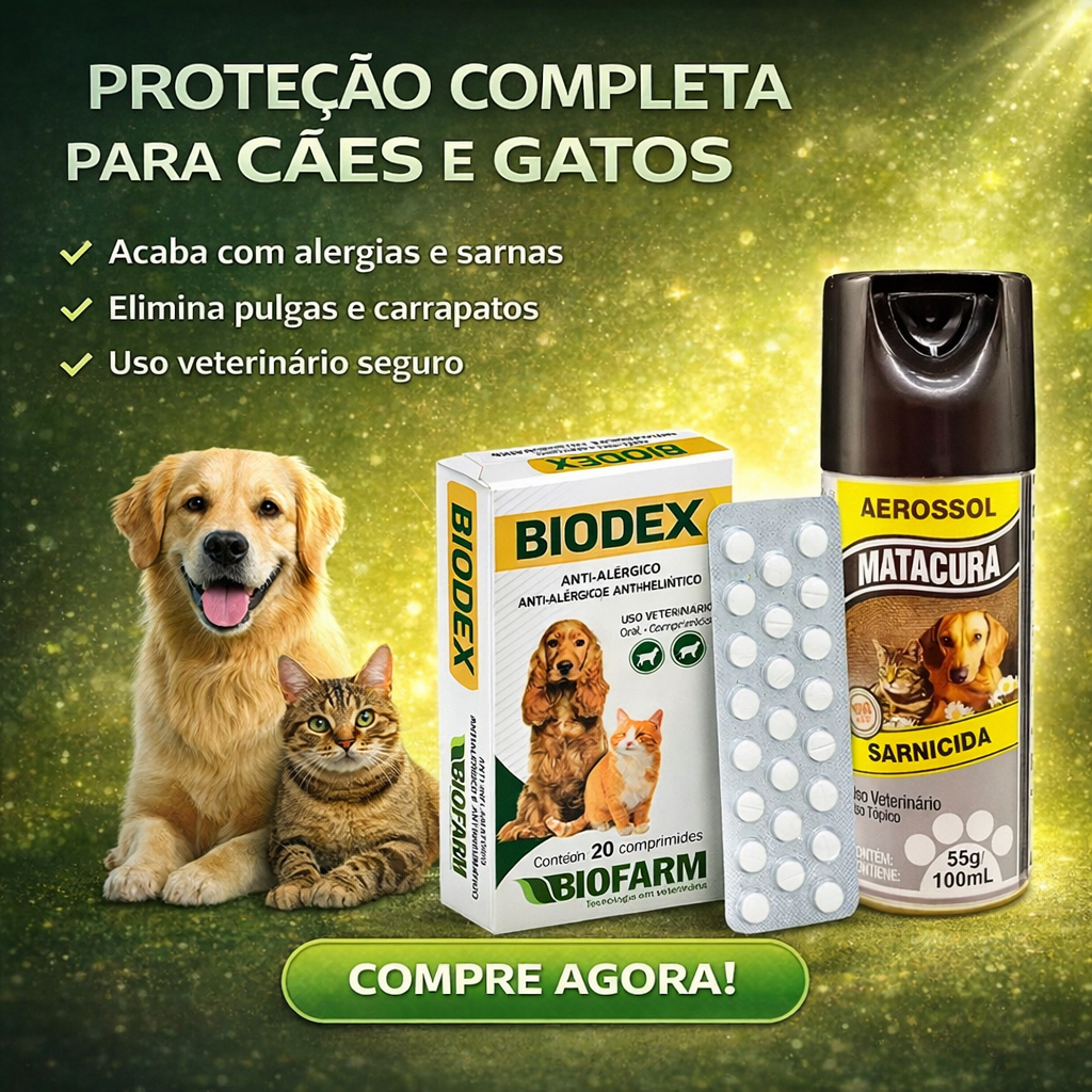 Spray Matacura 100ml com Fórmula Antialérgica para Cães e Gatos e Biodex 20 Comprimidos