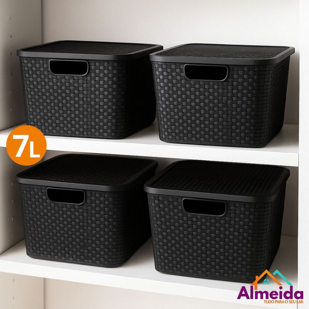 Caixa Organizadora 7L Rattan Com Tampa Empilhável