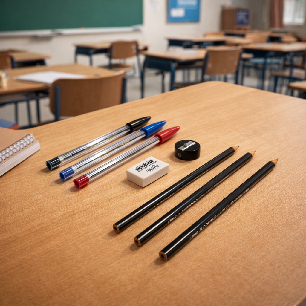Kit Escolar 8 Itens Completo com 3 Lápis 3 Canetas Borracha e Apontador