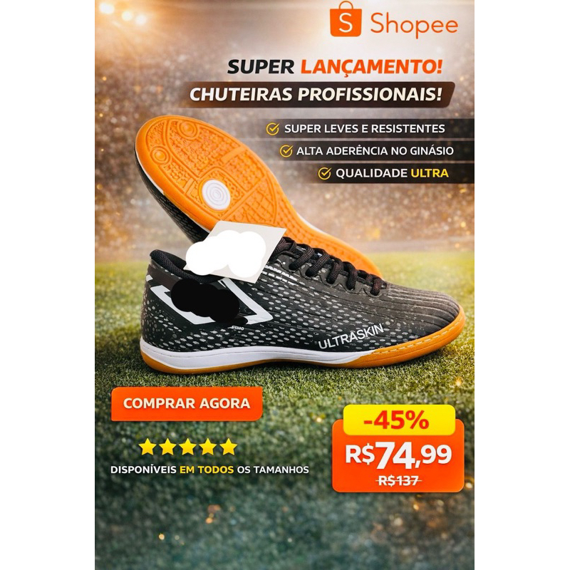 CHUTEIRA TENIS FUTSAL QUADRA ADULTO E INFANTIL Colada e Costurada Lançamento