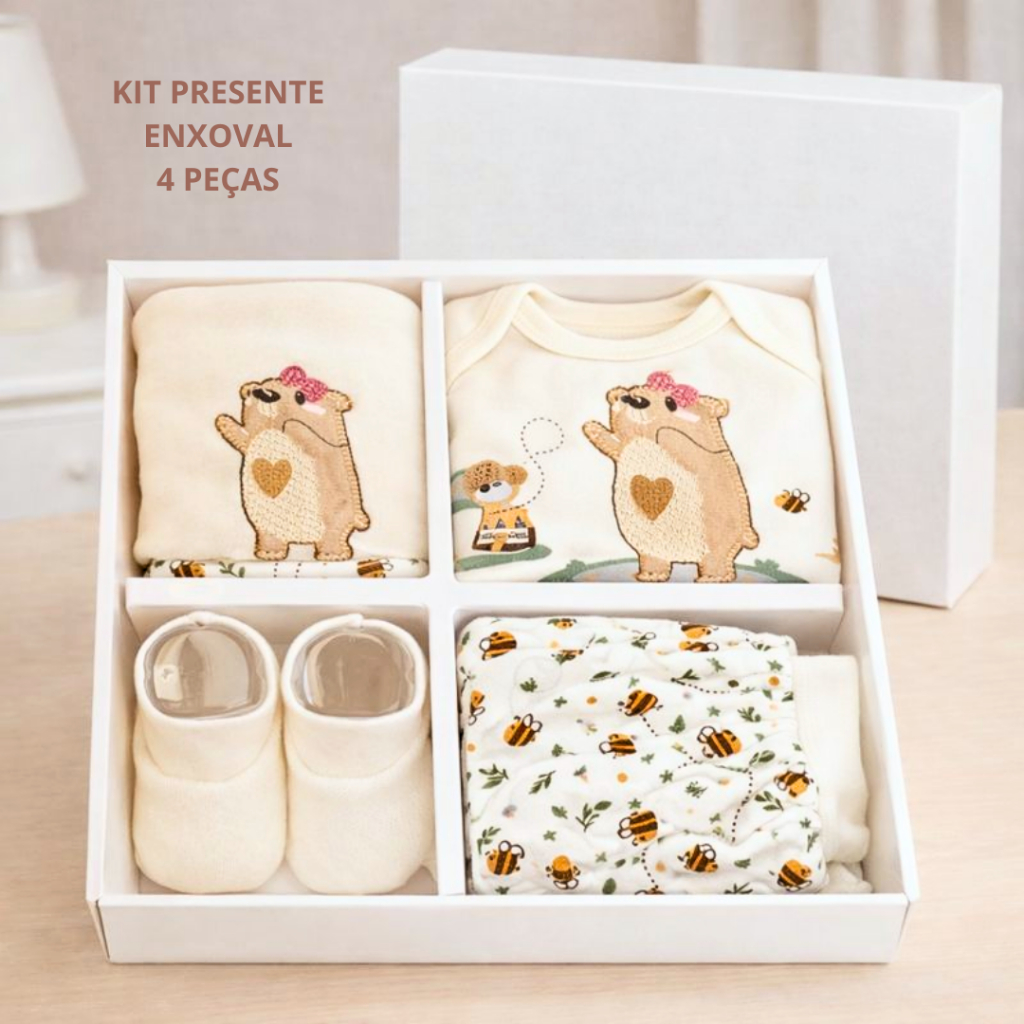 Presente Bebê Recém Nascido 4 Peças Enxoval Body Manga Longa Calça Fralda De Boca Meia Pantufa