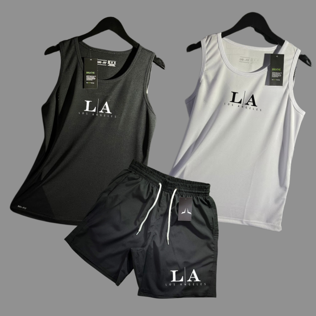 Kit 2 Regatas 1 Short Tactel Mauricinho Bermuda Regata Dry fit Com Elastano Esporte Academia