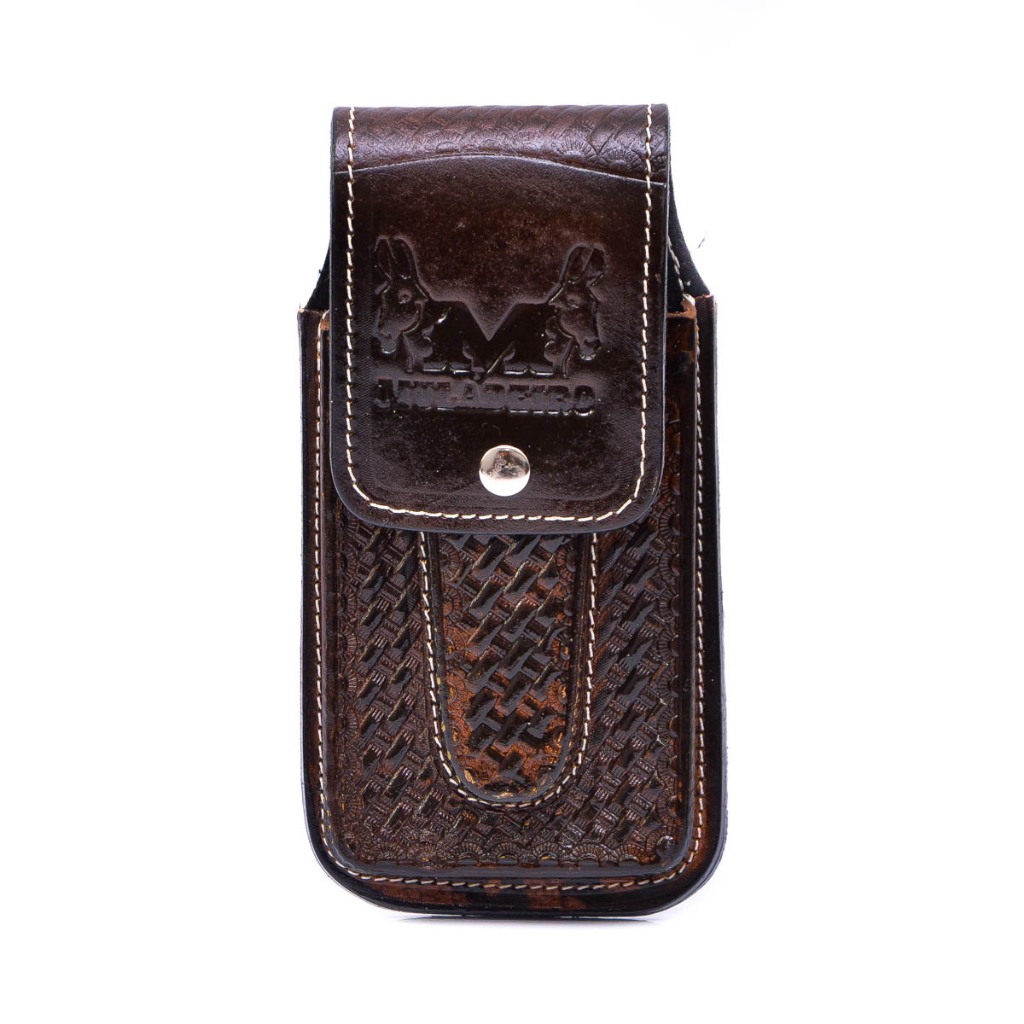 Bainha Porta Celular e Canivete Capinha Dura Canguru Conjugada Couro Legítimo Cor Café.