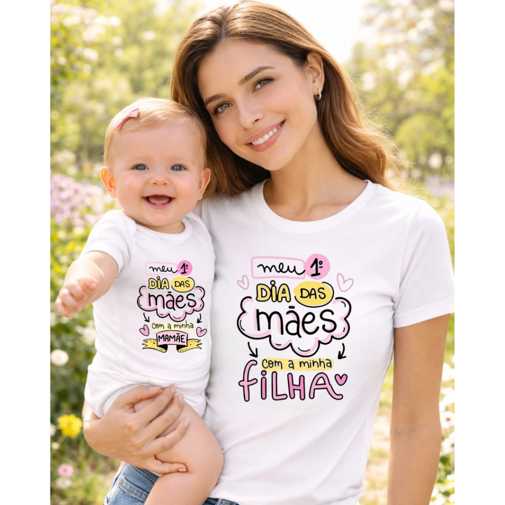 KIT Camiseta e Body Meu Primeiro Dia das Mães com minha mamãe e com minha filha - 2 peças