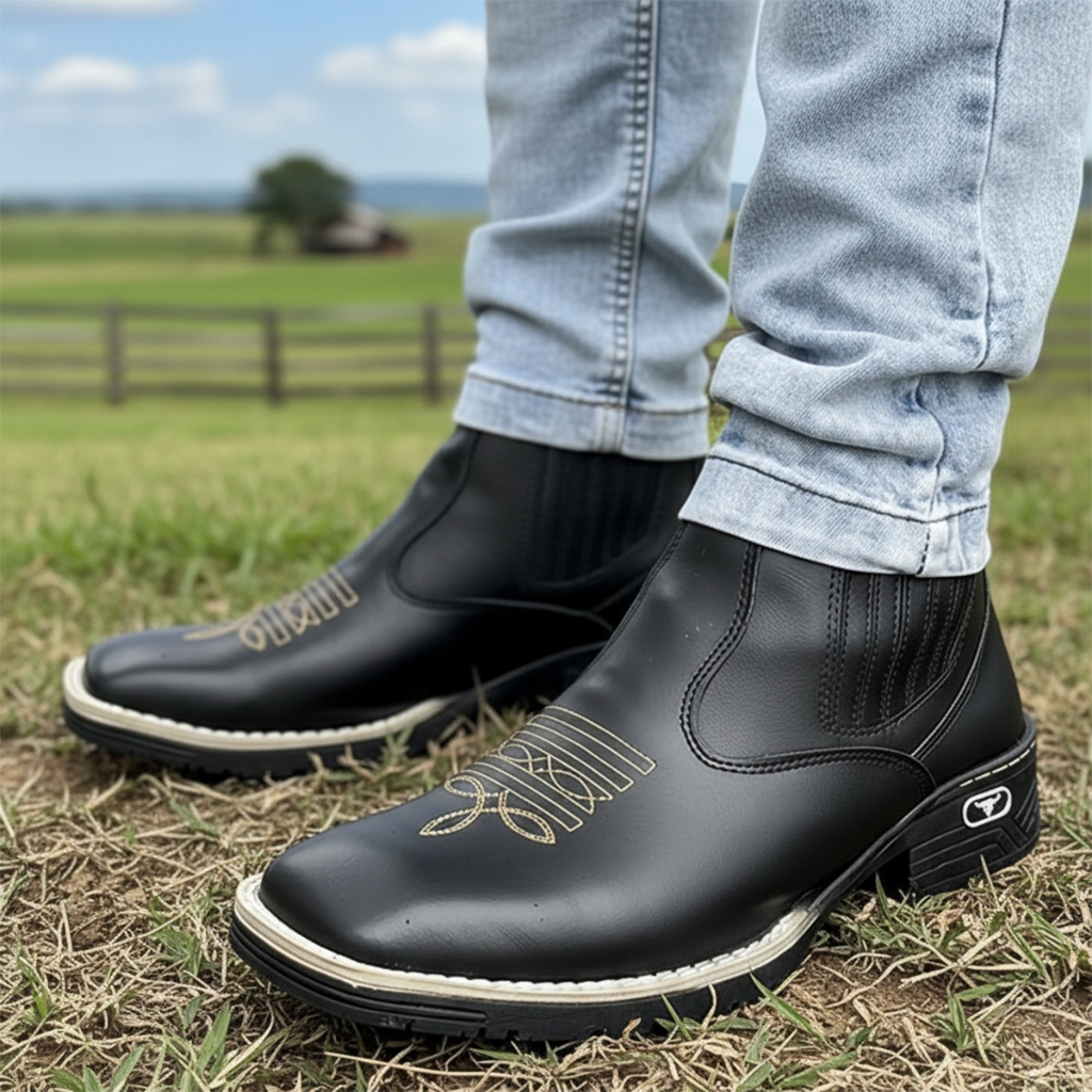 Botina Masculina Country Couro Sintético Confortável Bordada Resistente Costurada Estilosa Casual