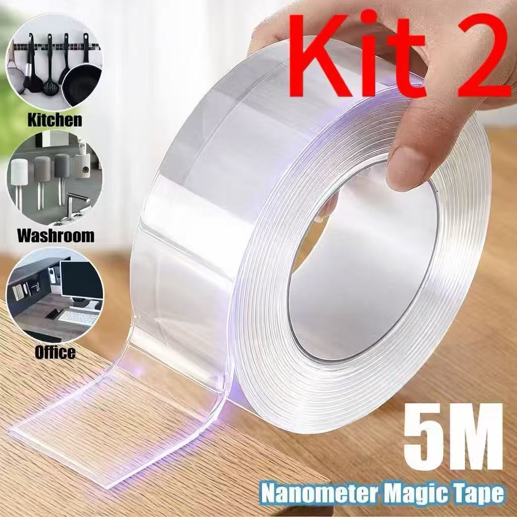 Fita Dupla Face Transparente NanoGel 5M Kit 2 – Extra Forte, Reutilizável, Adesiva Mágica de Silicone para Parede, Porta