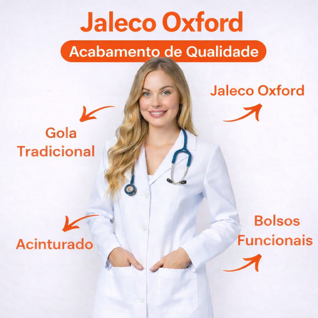 Jaleco feminino acinturado tecido oxford com botao embutido