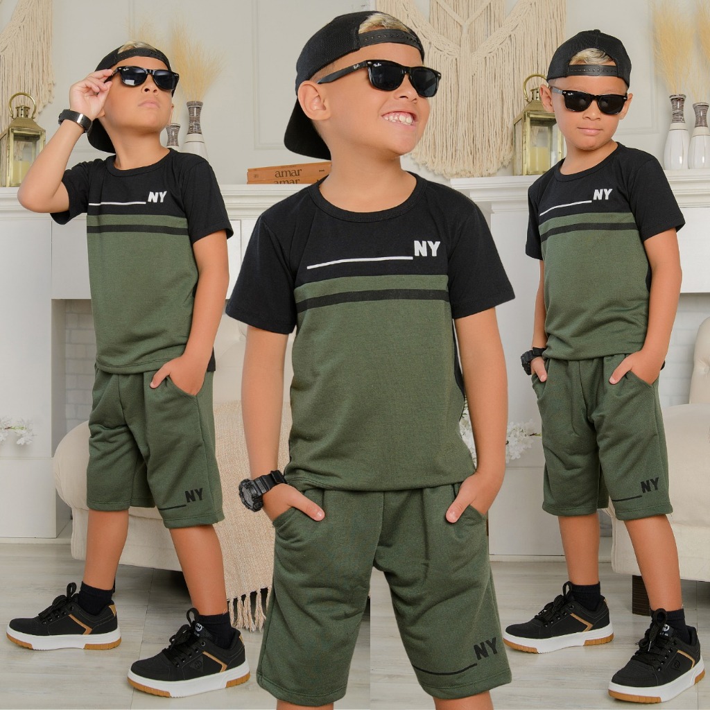 Roupa Infantil De Menino Kit duas Peças Lançamento Camisa e Bermuda Veste Do 2 Ao 14 Anos