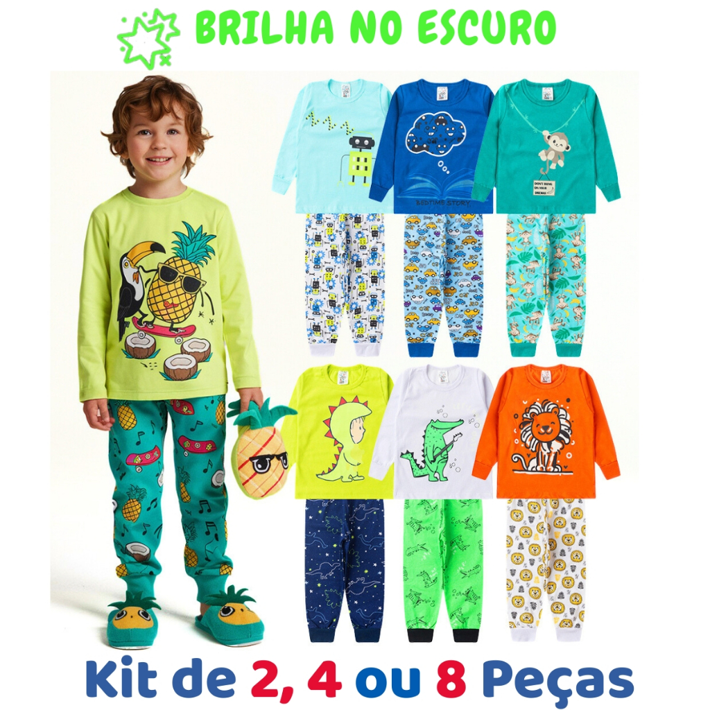 Kit de 2, 4 ou 8 Peças  Pijama Brilha no Escuro Infantil Menino Inverno Roupa Infantil Menino