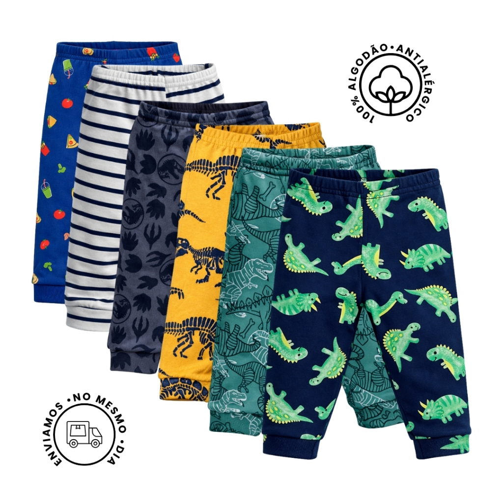 Kit com 3 Calças Mijão Pagão Bebê 100% Algodão Estampado Macio e Fresco Verão Sortidos.