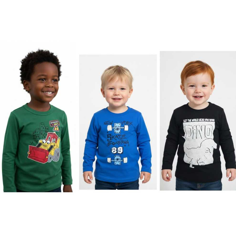 Kit 3 Camiseta Infantil Manga Longa Inverno Menino Cores e Estampas Sortidas 01 ao 03 100% Algodão