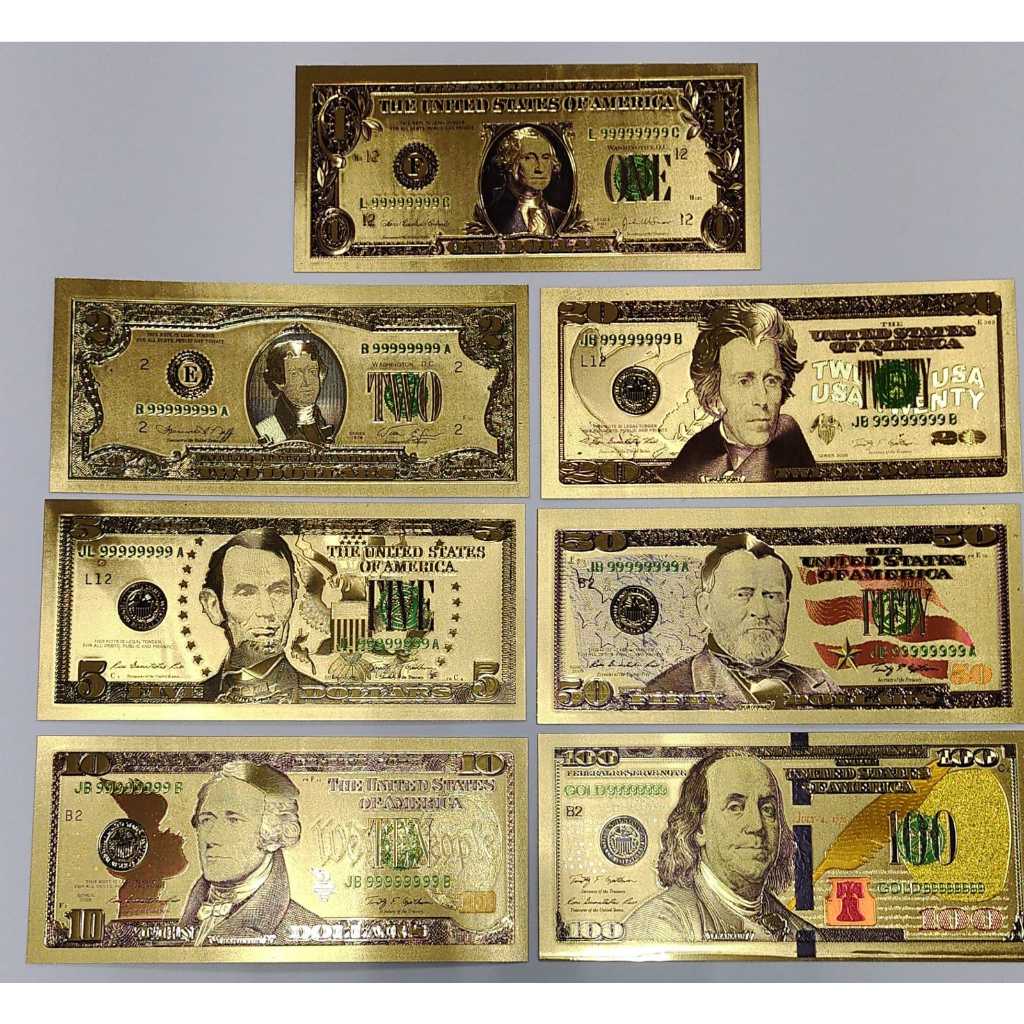7 CÉDULAS DOURADAS DOLLAR (FANTASIA) SOMENTE PRA COLEÇÃO OU DECORAÇÃO
