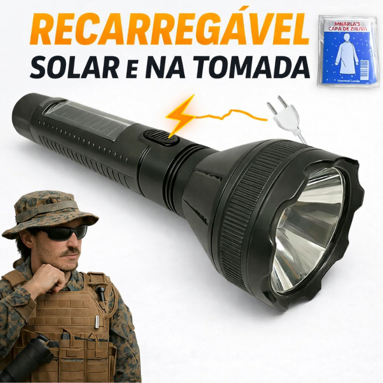 Lanterna Tática Recarregável  Led 5w Bivolt Energia Solar Pesca Camping Trilha Caminhada Acampamento