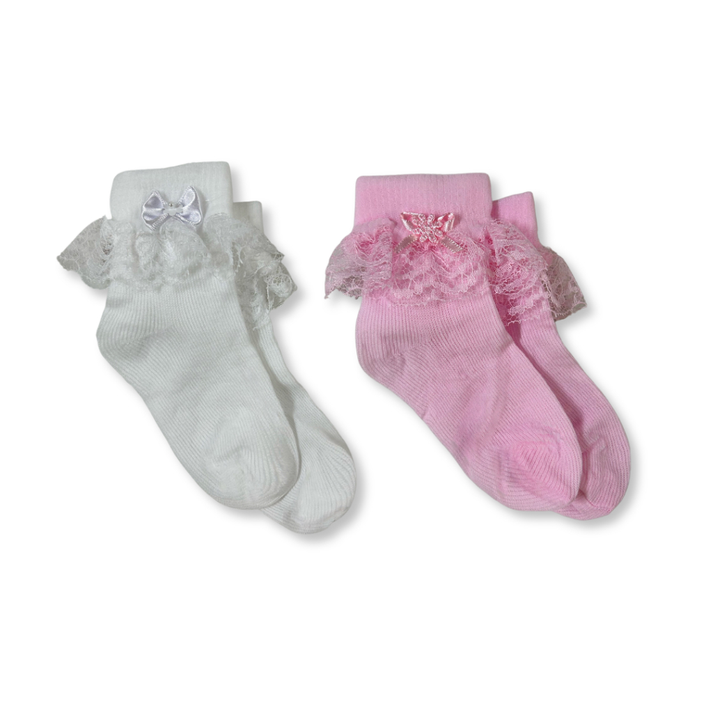 Kit c/ 2 Meia Infantil Menina Babado Renda e Laço Batizado