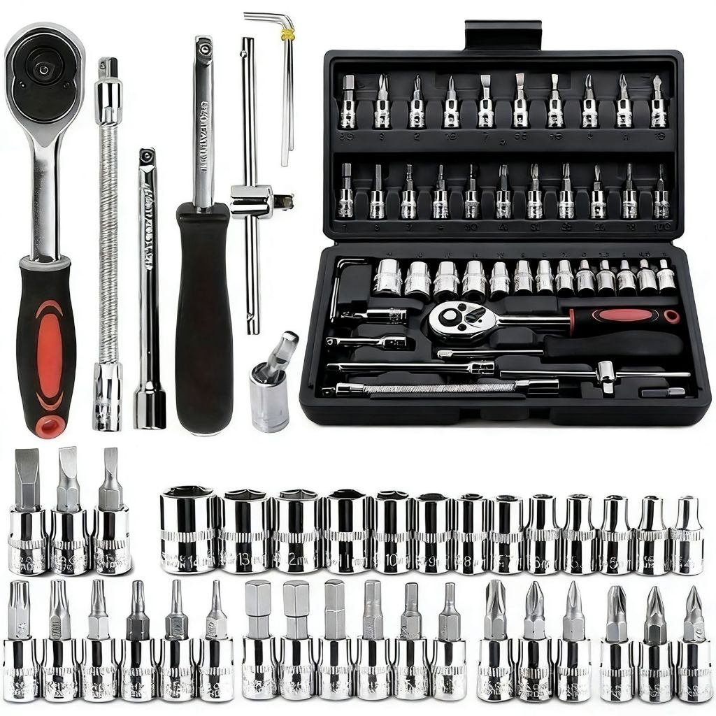 Kit de Reparos 46/40 Peças - Jogo de Soquetes com Chave Catraca para Oficina e Casa