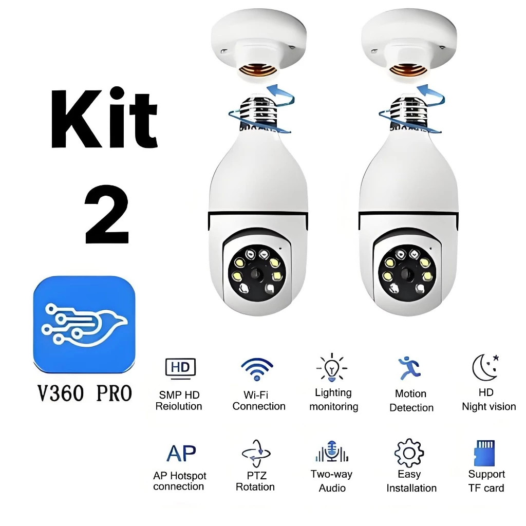 Kit 2 Câmeras Ou 1 Câmera Segurança Prova D'água Sem Fio Giratória Infravermelho 360 encaixe lâmpada full HD
