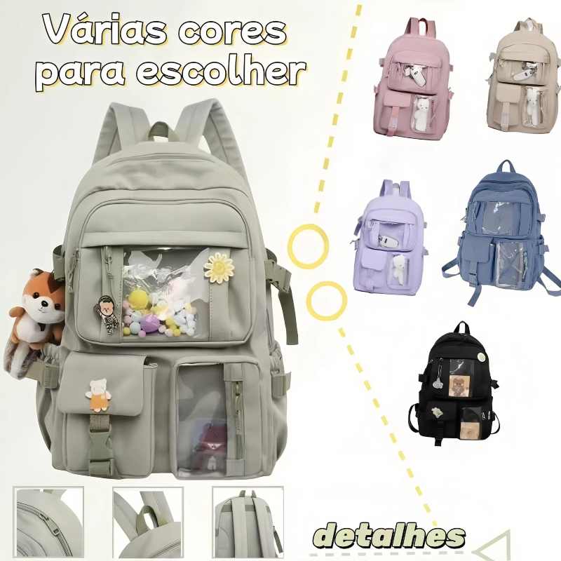 mochila feminina coreana escolar e para passeio grande capacidade com pingente de urso fofo