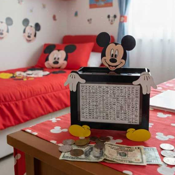 Caixa Cofre Mickey e Minnie Desafio 10.000 5.000 1.000, Cofrinho Método Japonês Poupança Mdf