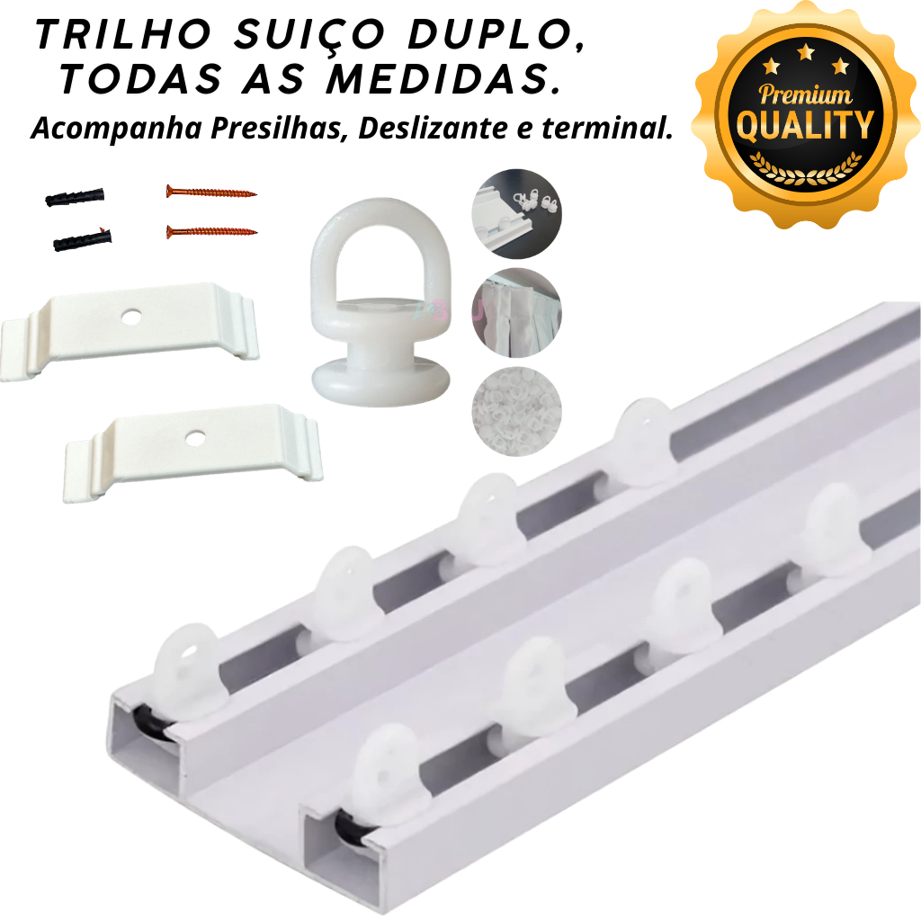 Trilho Suíço Duplo Max Para Cortina Em Alumínio Branco –Trilho Deslizante Resistente, Pronto Para Instalar Todas Medidas