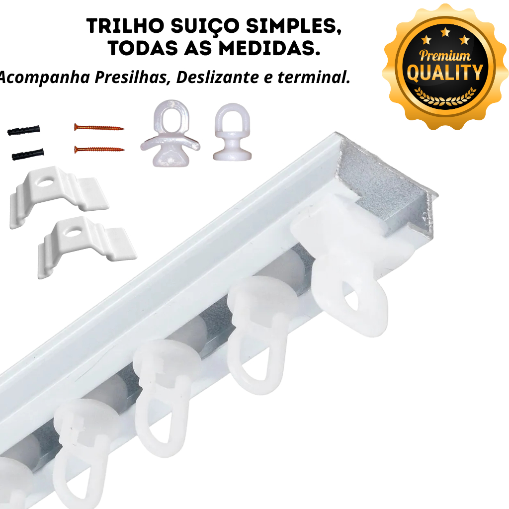 Trilho Suíço Simples Max Alumínio Branco Presilhas + Deslizantes + Terminais  + Parafusos para instalação