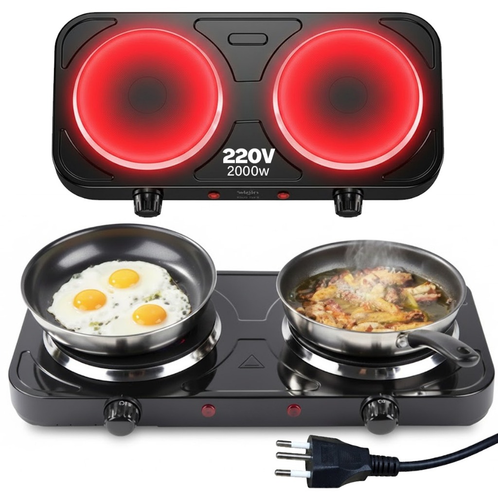Fogareiro Chapa Elétrico 2 Boca Cooktop Portátil Camping Pesca Controle Temperatura 127v 220v