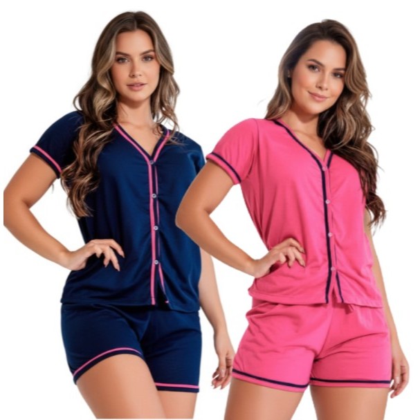 Kit 2 Pijamas Americano Amamentação Baby Doll Cirúrgico com botões em Malha Cores Sortidas