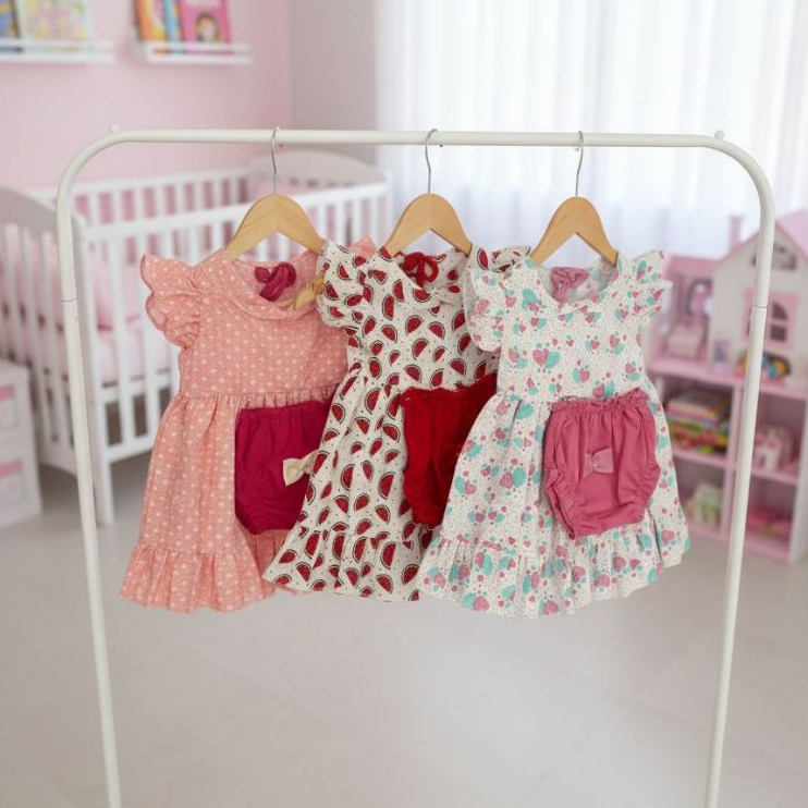 Vestido Infantil Menina Kit 3 Peças Conjunto Feminino Criança Pronta Entrega 0 a 4 Meses Sortidas