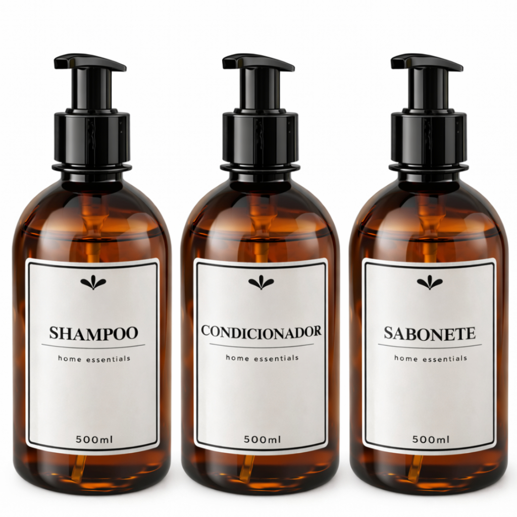 Frascos para shampoo, condicionador e sabonete 500ml âmbar kit para banheiro