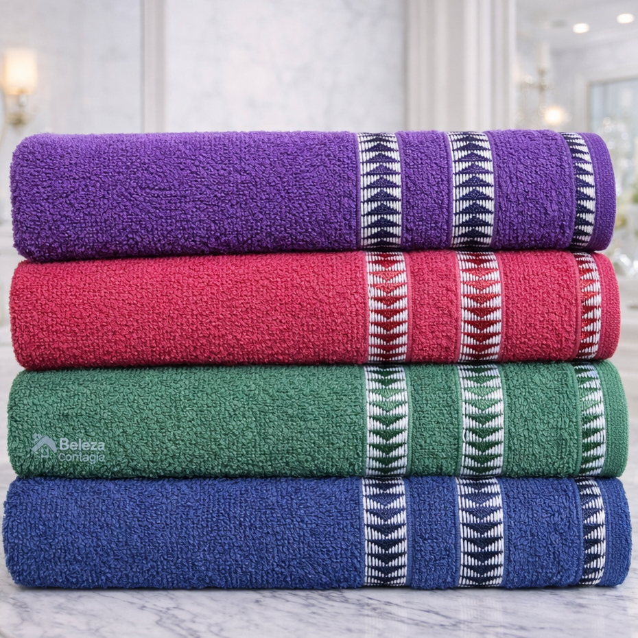 Kit com 4 Toalhas de Banho Grande 100% Algodão Bordado Cintilante Luxo 1,30X70  macio alta absorção