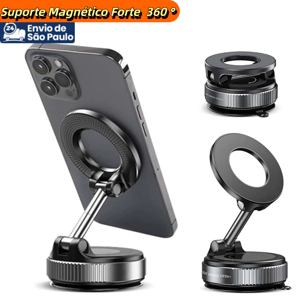 Suporte Magnético 360° para Celular Fixação Poderosa e Rotação com Base de Vácuo