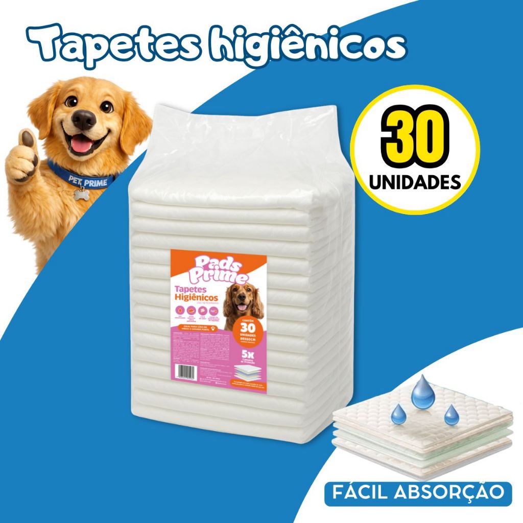 Tapete Higiênico Descartável Ultra Absorvente Pets Cães Cachorro PADS PRIME 80X60 30UN