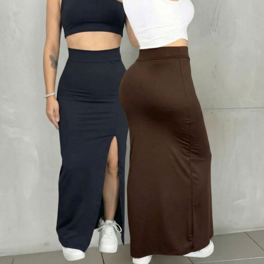 Saia Longa Feminina Fenda Suplex Longuete Modinha Verão Blogueira Moda Gringa