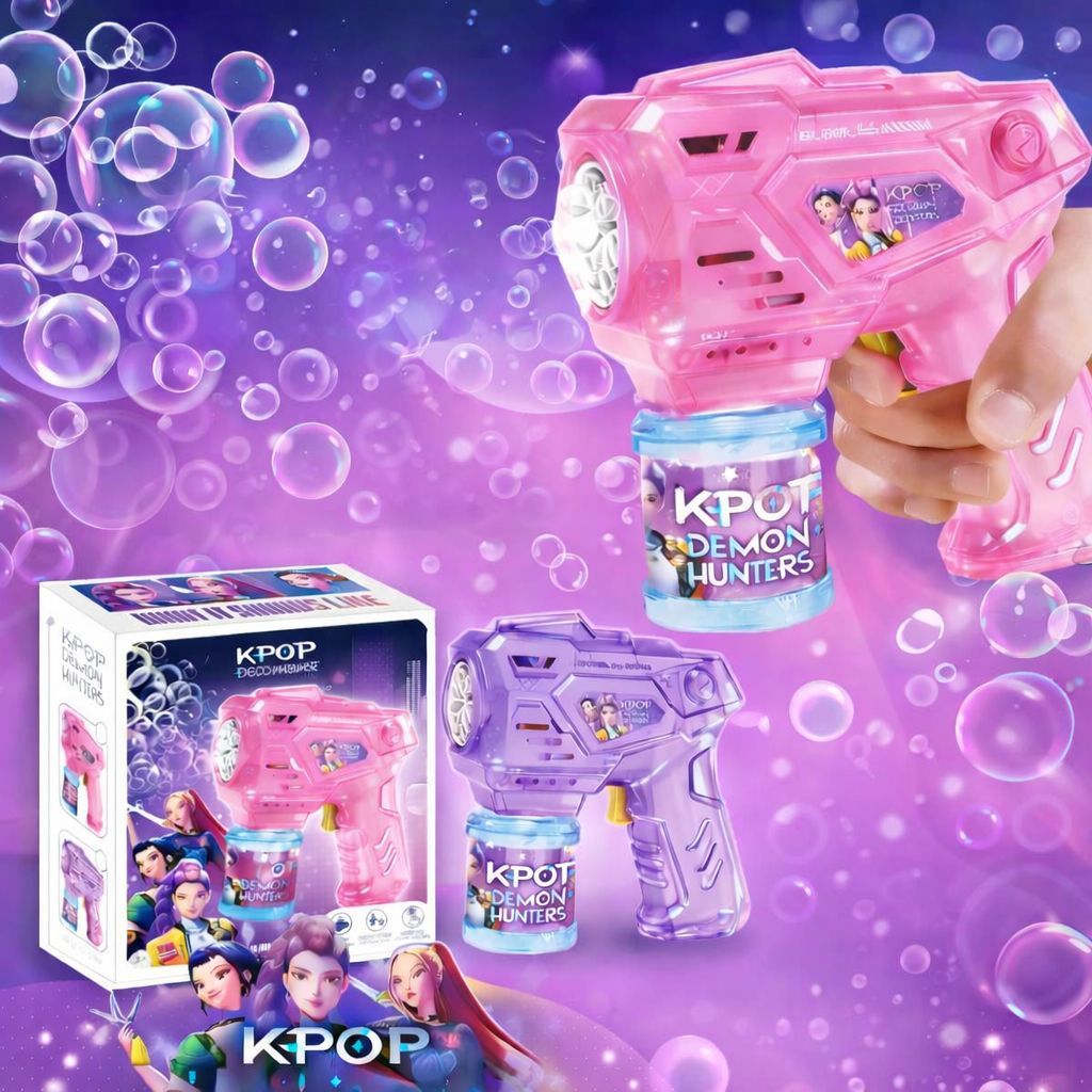 Maquina de Bolhas KPOP Bubble Gun Infantil com Luz e Sabão – Brinquedo Lança Bolhas Automático Demon Hunters
