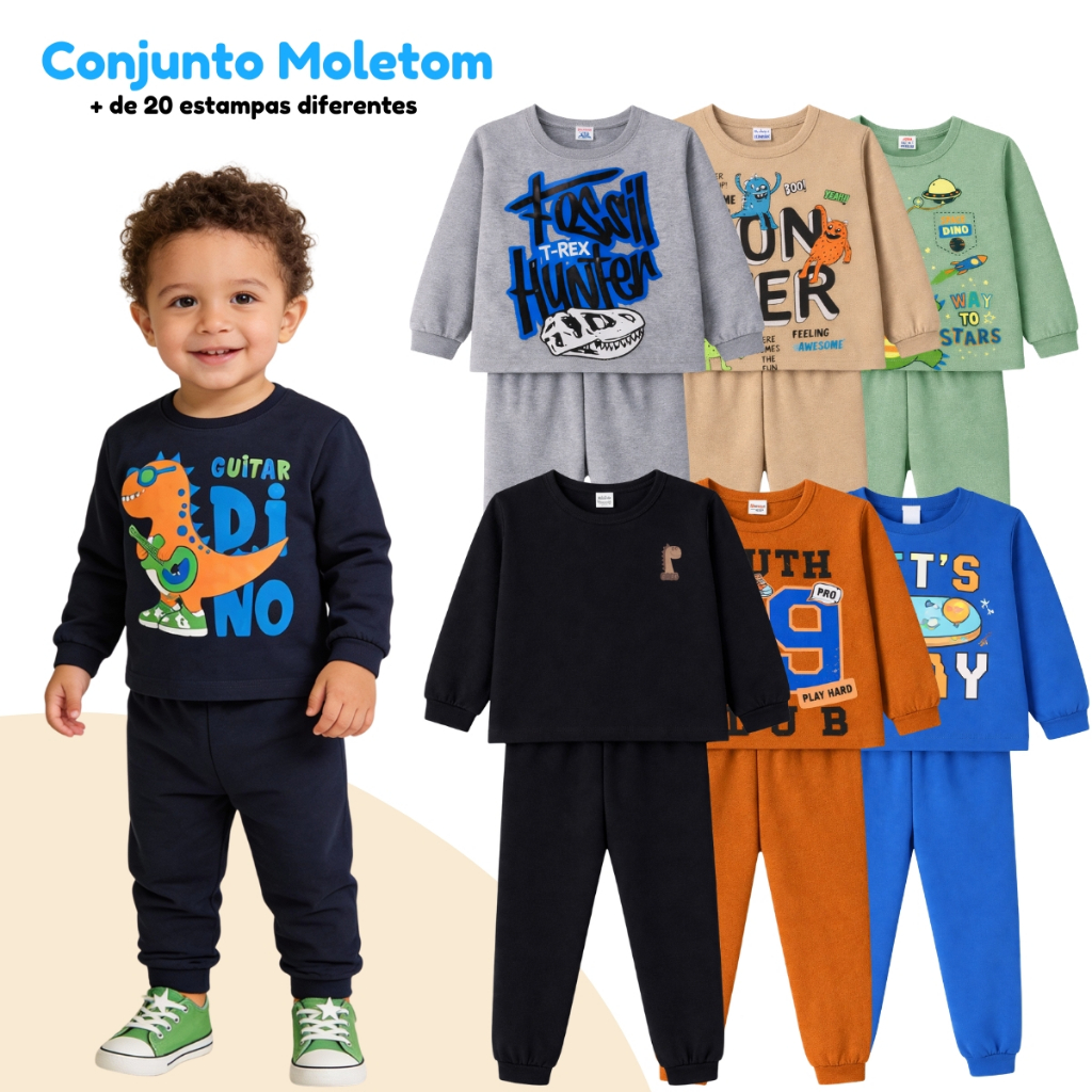 Kit 4 a 10 Peças Conjunto Moletom Inverno Bebê Estampado e Liso Menino Masculino (Casacos + Calças)
